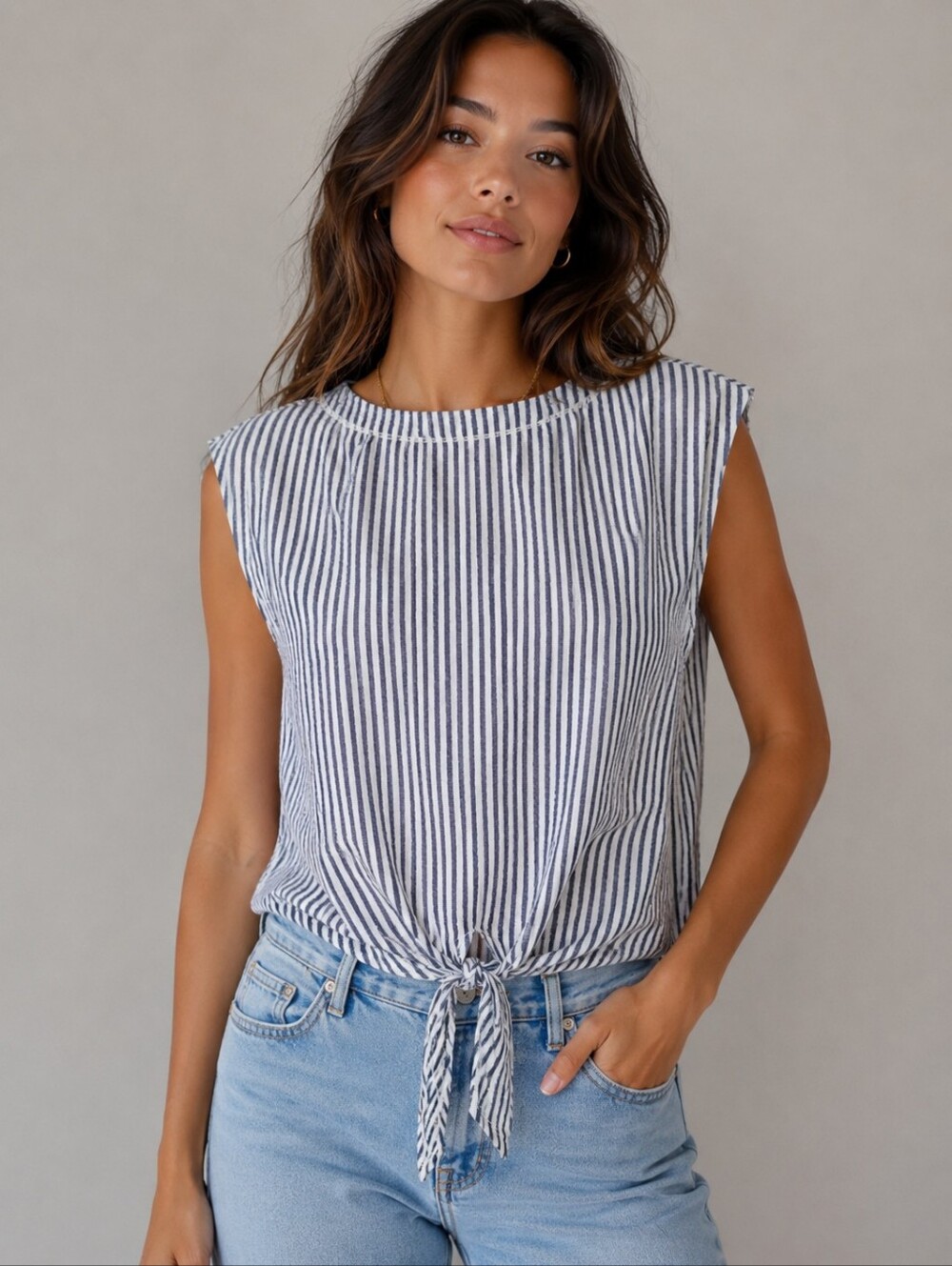 Max Studio Navy And White Striped Top with Tie in Front Size Small